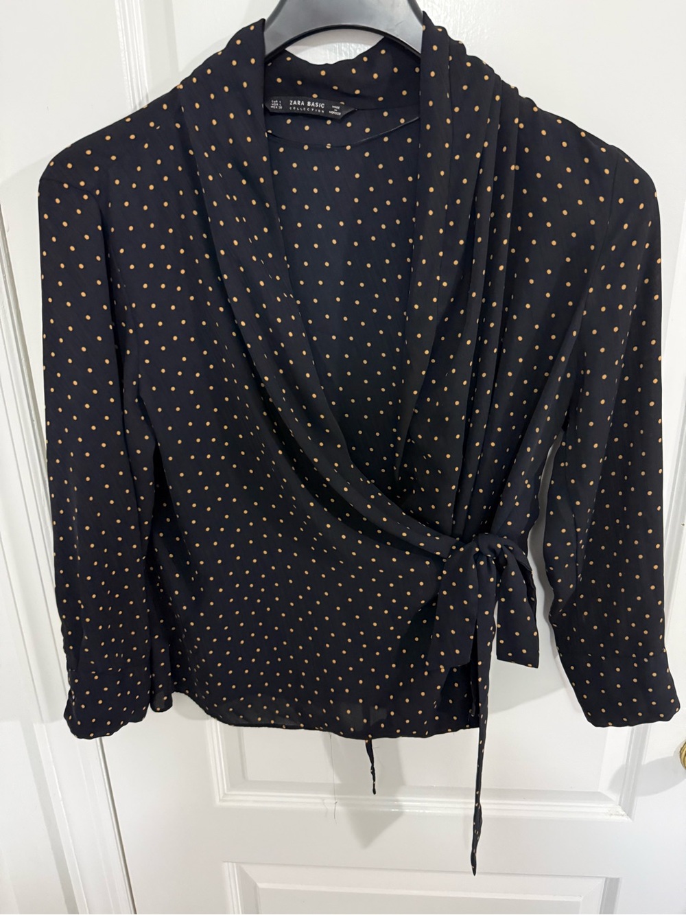 Zara Black Wrap Blouse with Tan Dot Print